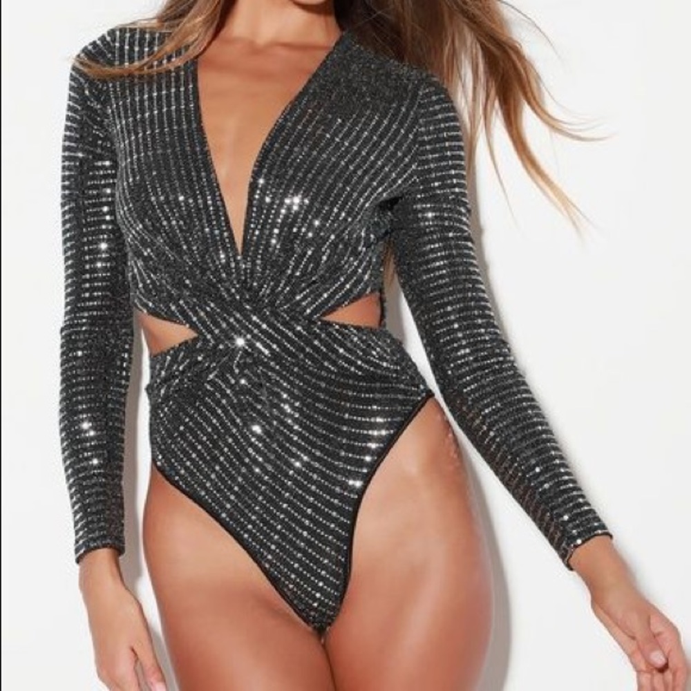 Astr the label black and sequenced twist front bodysuit, size L, tags attached.